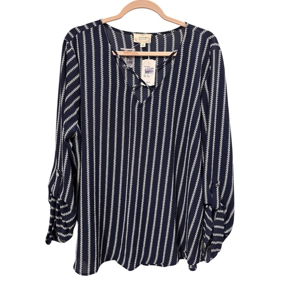 Perch By Blu Pepper Tops - Plus size Chic Navy and White Striped Women's Blouse